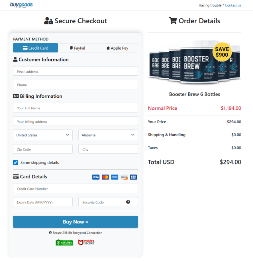 Secure checkout process for Booster Brew with safe and encrypted payment options